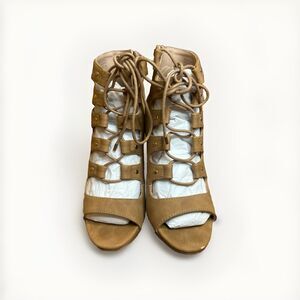 Aldo Women's Tan Leather Gladiator Lace-Up Open Toe Block Heel Booties Size 7